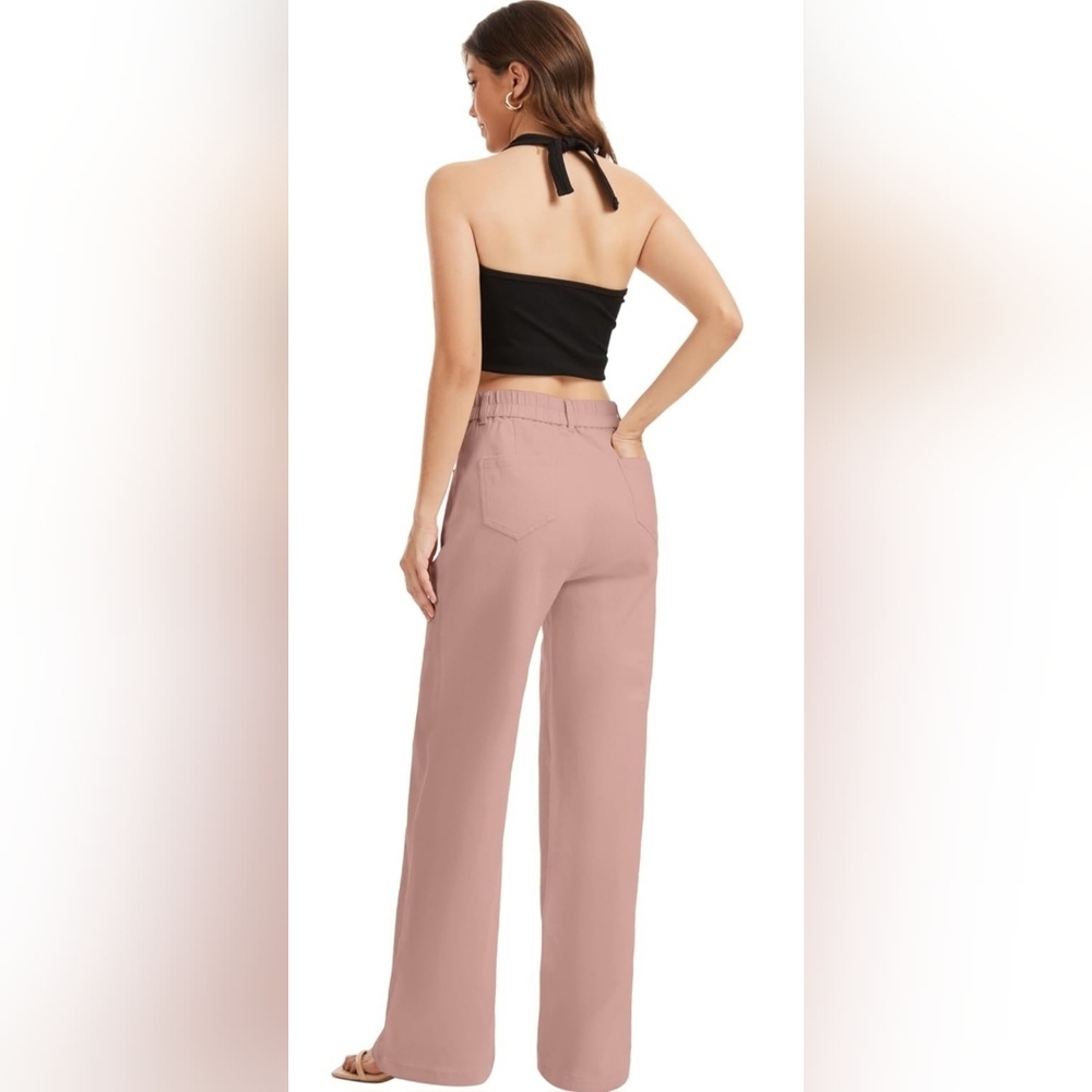 Wide Leg High Waisted Pants Size L NWT Blush Pink Stretchy Soft Trendy - Picture 3 of 5